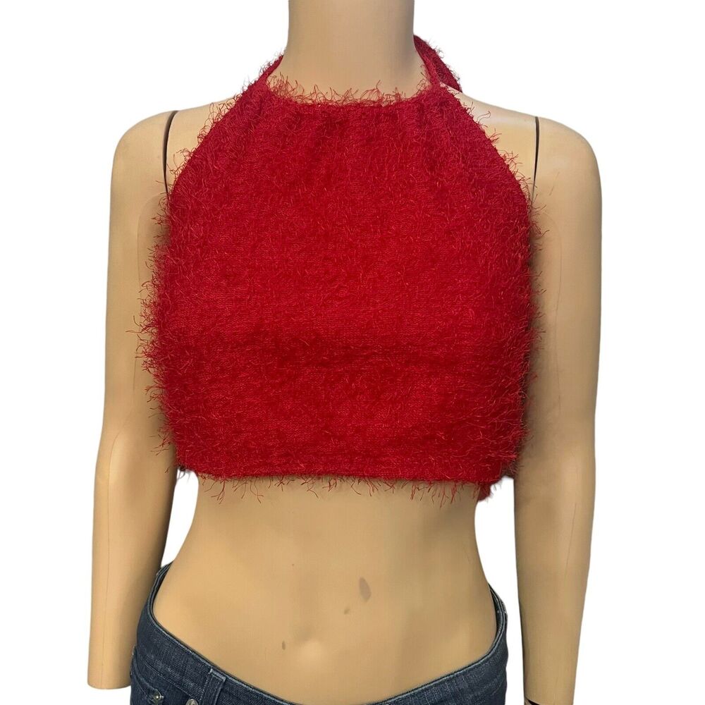 90s Y2K Eye Candy Fuzzy Crop Top Halter Red Clubwear Rave Grunge Holiday